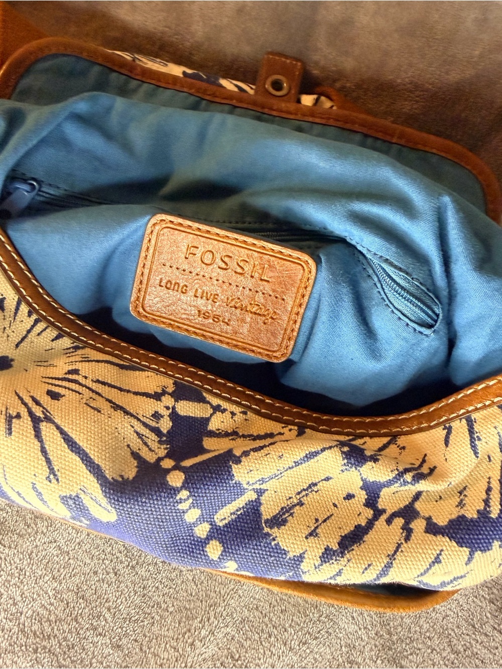 Fossil Blue and Cream Floral Canvas Backpack with Brown Leather Trim - Picture 10 of 10